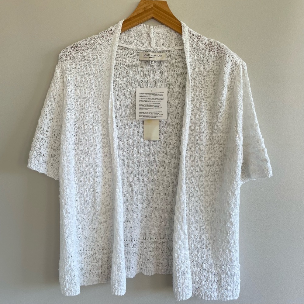 Jones New York Women's Short Sleeve Open Front White Sweater Size PS